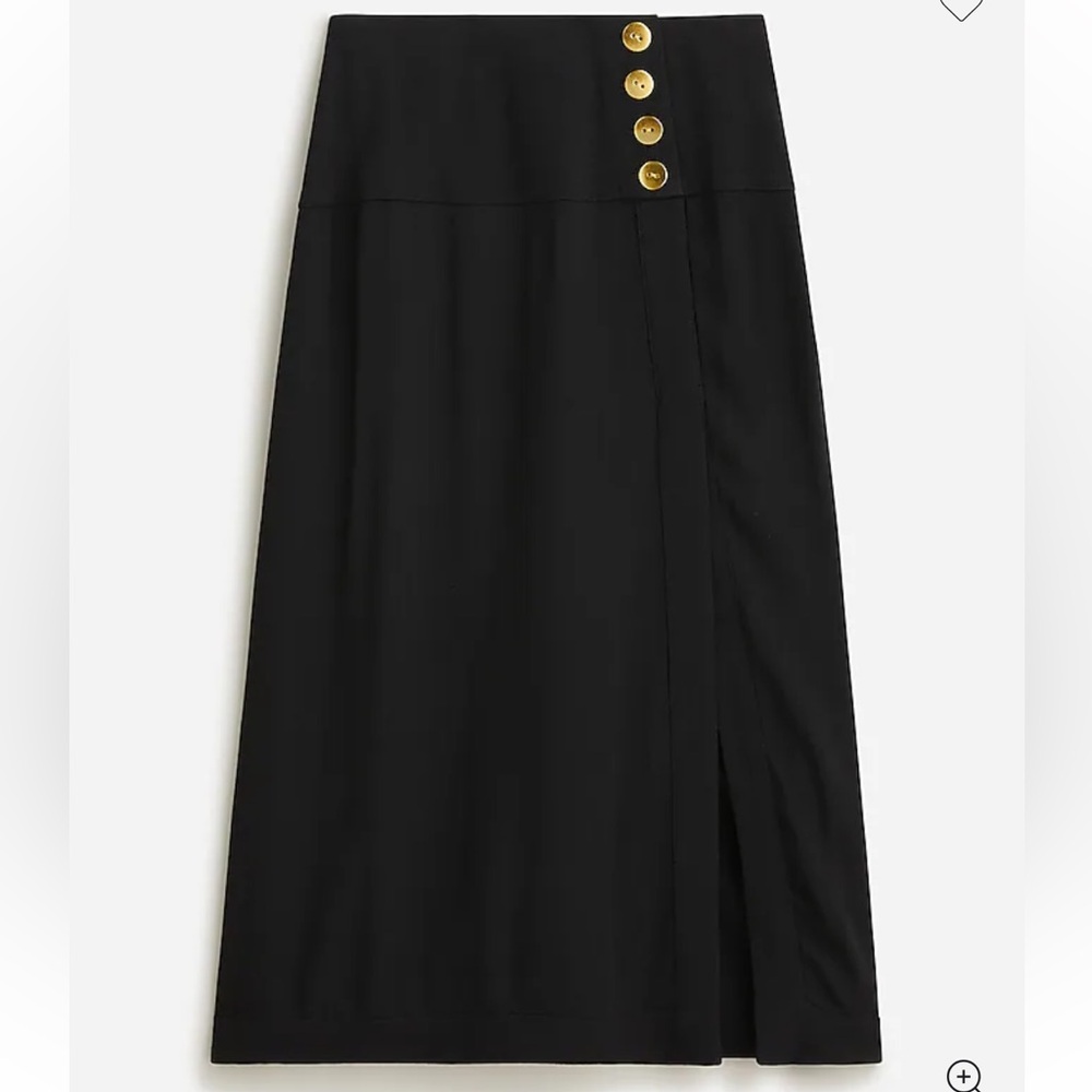 J. Crew Side Slit Crepe Midi Skirt, Black with Gold Buttons